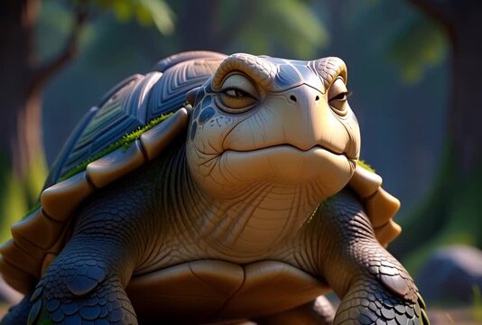 A serene turtle illustration in a natural environment with a thoughtful expression, viewed from a slight angle, showcasing its textured shell and facial features