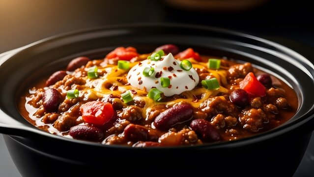 Steaming pot of delicious homemade chili con carne with ground beef, kidney beans, and cheddar cheese. Great for lifestyle,.