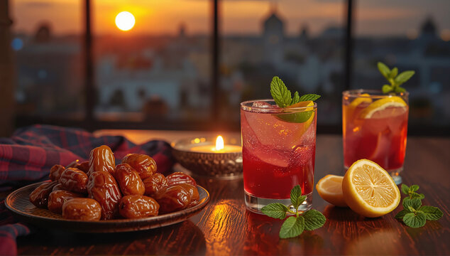 Peaceful Ramadan iftar still life with dates and refreshing citrus drink on rustic wooden table, soft sunset glow and warm evening atmosphere