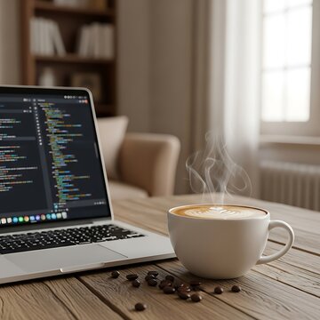 Laptop, Coffee, and Code - A Productive Workspace.