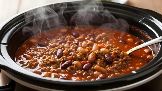 Overhead shot of a rich, savory beef and bean chili simmering in a dark toppings, perfect for a cozy dinner or food blog