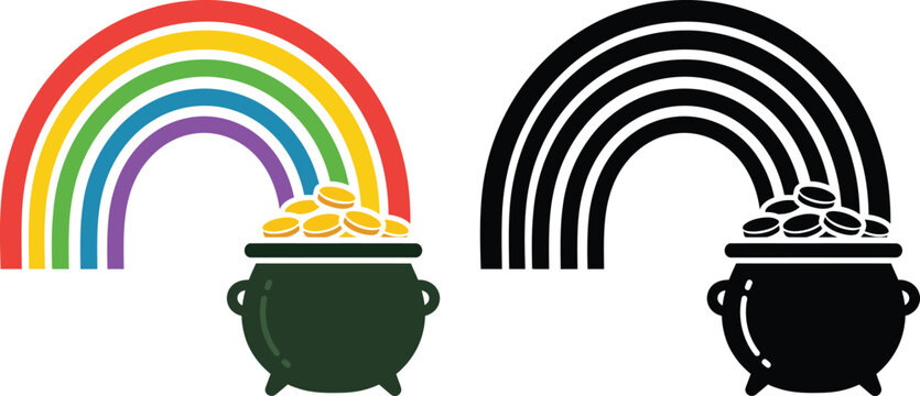 Color and black silhouette rainbow with pot of golden coins for St. Patrick's Day vector illustration