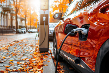 A red car is plugged into a charging station