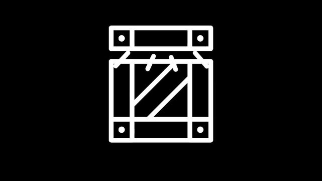 Stylized white line art icon of a wooden crate with diagonal bracing on a black background