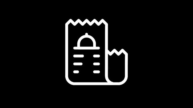 Simple white icon of a restaurant receipt with a dome-covered dish and menu items