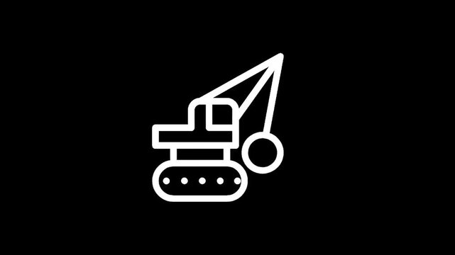 White line drawing of a demolition wrecking ball excavator on a black background