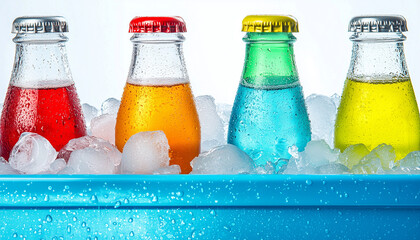Four colorful soda bottles chill in blue cooler with ice cubes. Refreshing cold drinks, perfect for summer picnics beach trips outdoor
