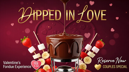 Indulgent chocolate fondue experience promotion featuring strawberries and marshmallows for a romantic february couples special celebration