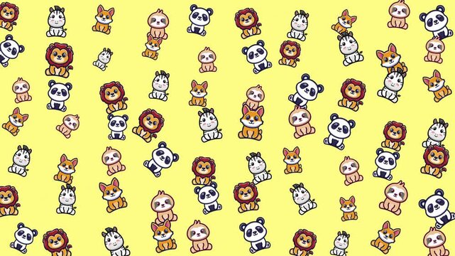 Pattern of cartoon panda, lion, sloth, and fox characters. Suitable for childrens books, stationery, or textile design projects. Great for kids products and educational materials.