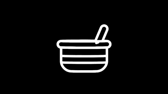 Simple line art icon of a bowl with horizontal stripes and a spoon inside