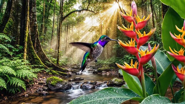 Lush tropical forest scene with sunbeams over gentle stream and vibrant bromeliads
