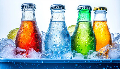 Four colorful soda bottles chill in blue cooler with ice cubes. Refreshing cold drinks, perfect for summer picnics beach trips outdoor