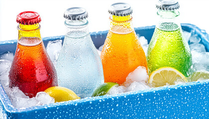 Four colorful soda bottles chill in blue cooler with ice cubes. Refreshing cold drinks, perfect for summer picnics beach trips outdoor