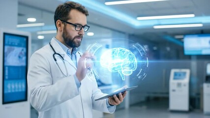 caucasian doctor analyzing brain hologram on tablet in modern clinic. neurology and surgery planning concept. medical technology, futuristic healthcare. - Powered by Adobe