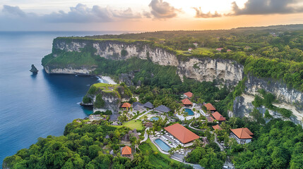 Aerial View of a Tropical Cliffside Resort at Sunset