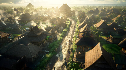 Aerial View of a Tropical Village at Sunrise