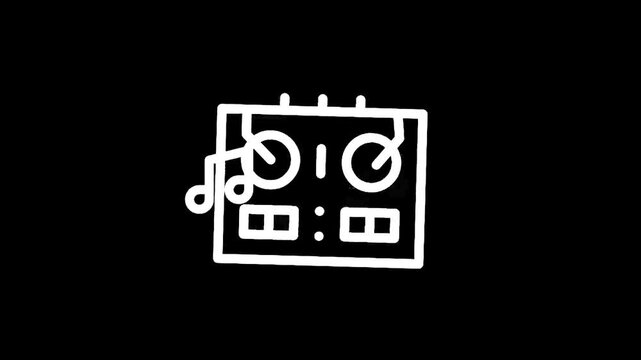 Simple white outline icon of a DJ controller with a musical note on a black background