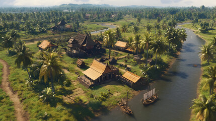 Aerial View of a Tropical Village Beside a River