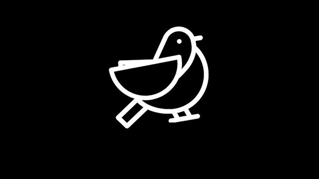 Minimalist white bird icon with a bowl on a black background