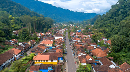 Aerial View of a Village Nestled in a Lush Green Mountain Valley