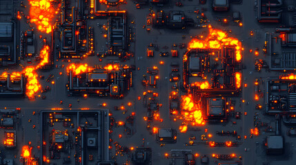 Aerial View of Burning Industrial City at Night