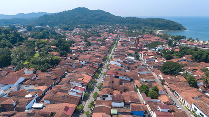 Aerial View of Coastal Town with Red Roofs and Lush Green Hills