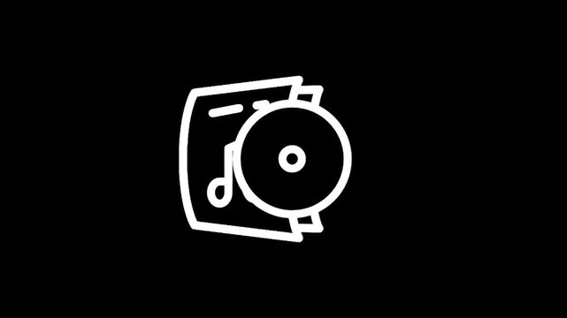 Icon representing music album with CD and sheet music on a black background