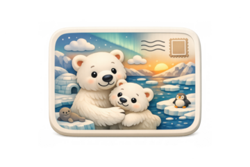 Arctic bear postcard design featuring polar bears and penguins in a serene icy landscape for greeting cards