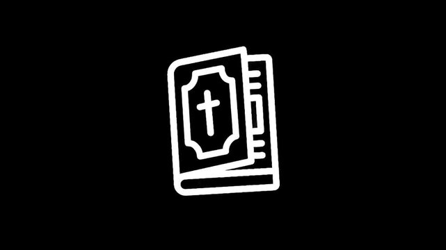 Open bible icon with a cross symbol on a black background, representing faith and spirituality