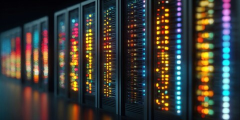 Data Center with Illuminated Servers Showing Technology and Data Storage