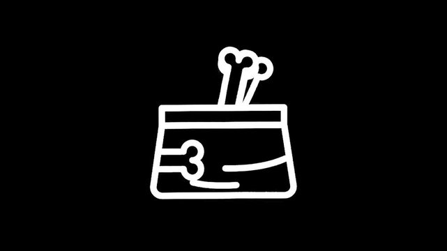 Simple white line icon of a bag filled with dog bones on a black background