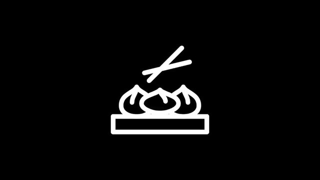 Simple line art icon of three dumplings with chopsticks on a black background