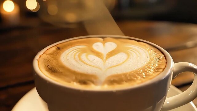 A warm cup of latte coffee featuring beautiful heart-shaped foam art sitting on a rustic wooden table with soft bokeh lights in the background