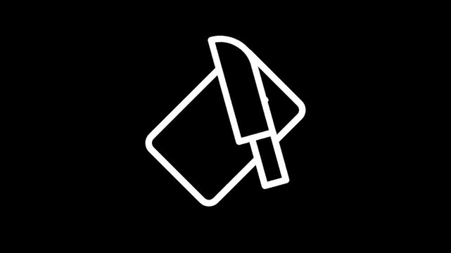 Minimalist white outline of a chef's knife resting on a cutting board against a black background