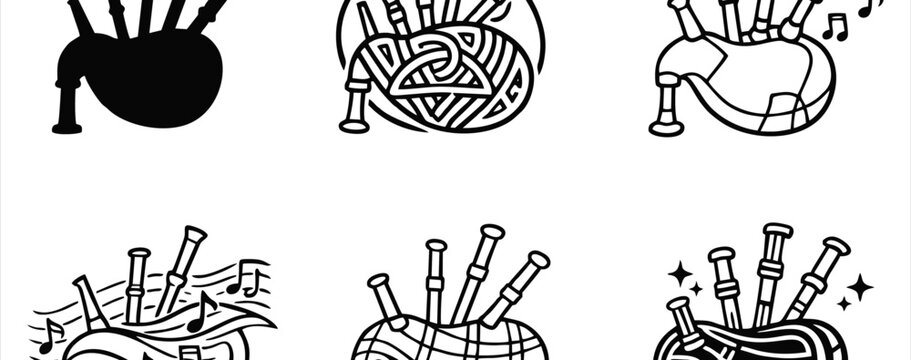 Bagpipe Icon Set for Burns Night Celebration, Scottish Traditional Wind Instrument