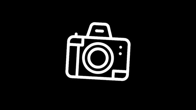Simple white outline of a vintage camera on a black background, minimalist design