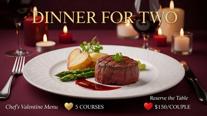 Exquisite five course chef's valentine dinner for two special featuring perfectly cooked filet mignon steak and romantic candlelit ambiance reservations available