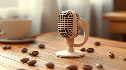 Beige Vintage Microphone on Wooden Table with Coffee Beans