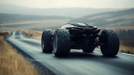 Black Futuristic Off-Road Vehicle on a Winding Road Through Rolling Hills