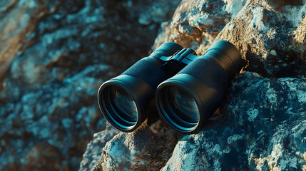 Black Binoculars on Teal Rocks Mountain Landscape