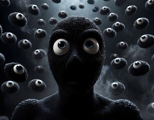 Surreal Black Furry Character Surrounded by Floating Watching Eyes