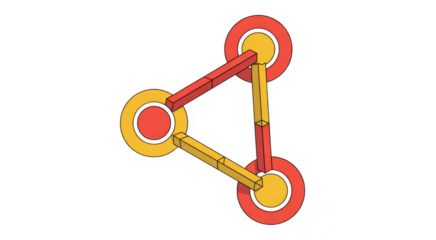 Red and yellow 3D geometric shape with circles and rods isolated on a transparent background