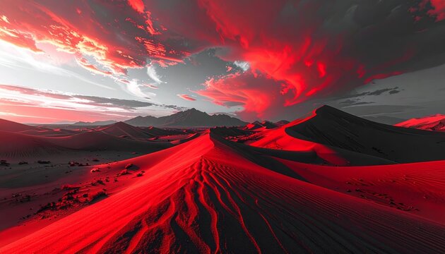 Bright red sands of the desert under a dramatic sky at sunset with dark clouds and distant mountains - Powered by Adobe