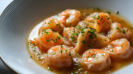 Close Up of Shrimp Dumplings in Light Sauce on White Plate