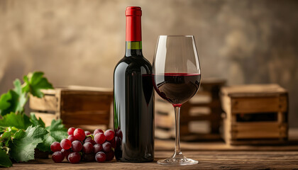 Obraz premium Red wine bottle and a glass with red drink sit on wooden table. Grapes are in a wooden crate, another wood box is behind