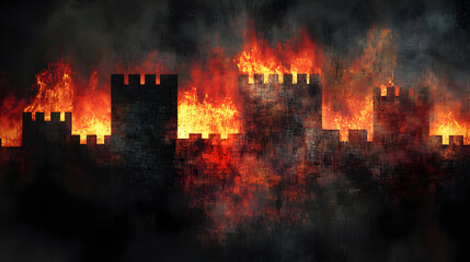 Burning Castle at Night: Intense Flames and Dark Silhouettes