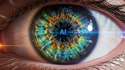 Close up of a human eye with a futuristic digital iris displaying AI technology.