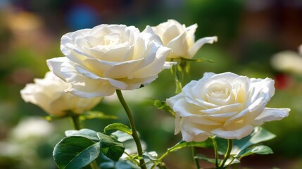 Beautiful White Roses Blooming in a Sunny Garden Surrounded by Green Leaves and Soft Background Colors