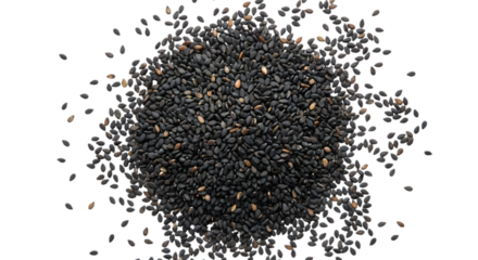A Heap of Black Sesame Seeds Scattered Across a Surface isolated on transparent background