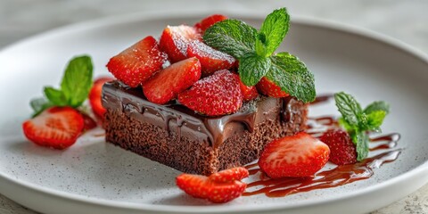 Decadent Chocolate Dessert Garnished with Fresh Strawberries and Mint on White Plate